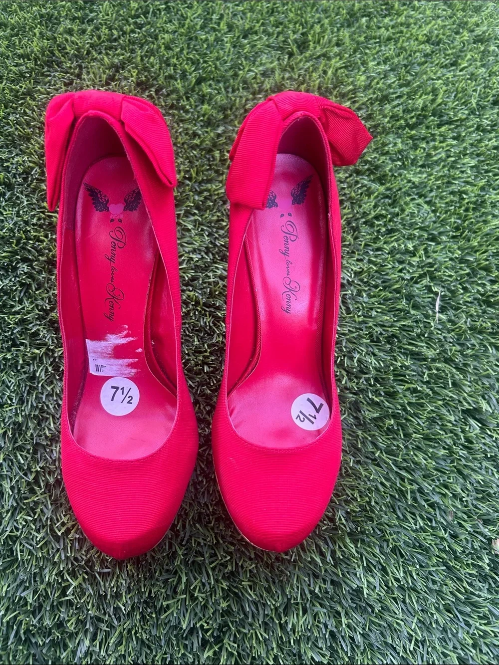 Penny Loves Kenny Red Cork Platform Stiletto Pumps with Back Bow